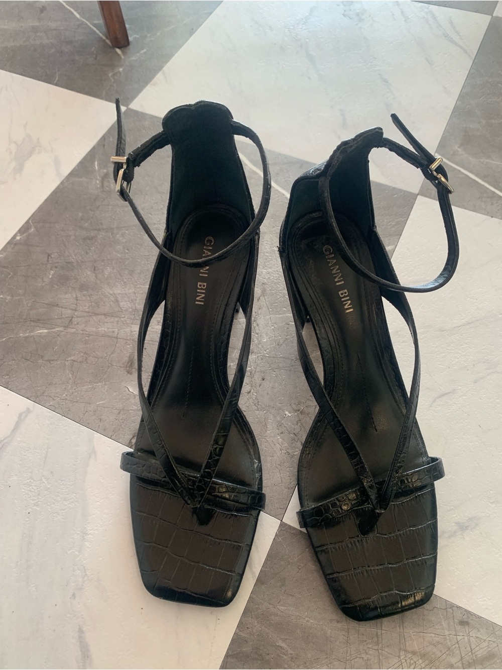 Gianni Bini Black Croc-Embossed Strappy Heels